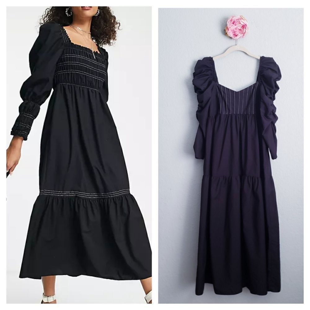 Topshop Black Ruched Sleeve Poplin Midi Dress